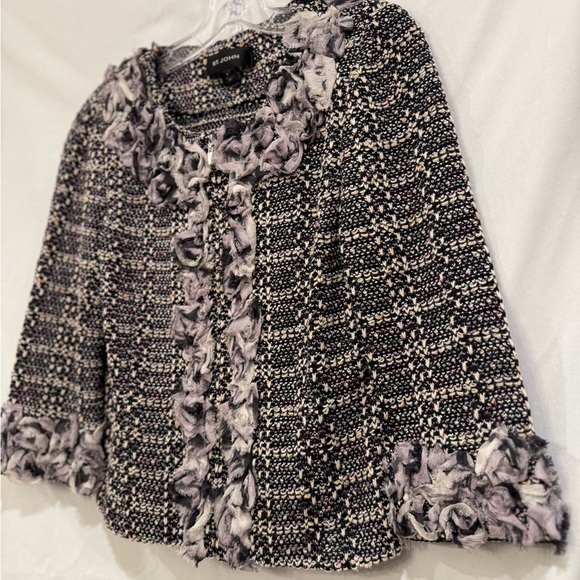 ST JOHN Jacket size 6 Purple Black White Boucle Tweed Ruffle Trim Zip Up - Picture 3 of 11